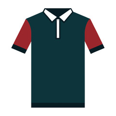 Dark Green Polo Shirt with Red Sleeves, Flat illustration of a dark green polo shirt featuring contrasting red sleeves and a white buttoned collar, ideal for stylish casual designs.  
