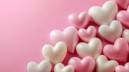 Obraz premium Pink background with lots of white and pink hearts, Valentine's Day love concept, 3D rendering, copy space for text or design