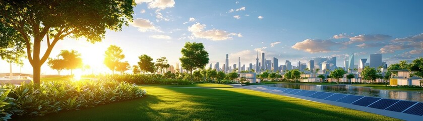 Urban rooftops transformed into lush gardens with solar arrays and beehives, emphasizing sustainable city living