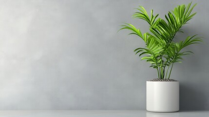 A potted plant with lush green leaves placed against a minimalist gray concrete wall, adding a touch of nature to the modern interior