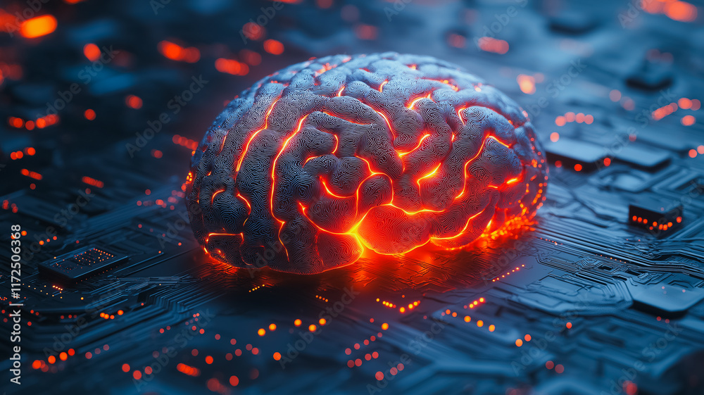 Poster brain circuitry: a fiery, glowing brain rests on a complex circuit board, symbolizing the intersecti