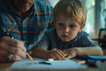 Little boy studying at home doing homework with father help