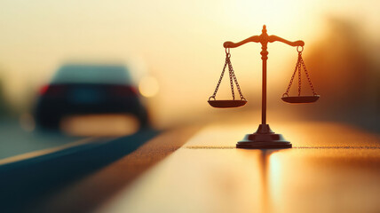 Legal scales on highway symbolize justice and balance in life. blurred car in background adds sense of motion