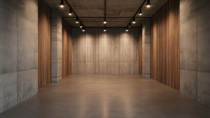 A contemporary industrial room with concrete walls, vertical wooden panels, polished flooring, and overhead track lighting for a sleek design
