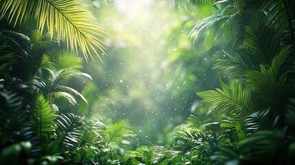 A vivid rainforest border featuring dense layers of jungle foliage, intricate textures of leaves bathed in soft natural light, clean central area for text, rich and immersive atmosphere, hd quality.