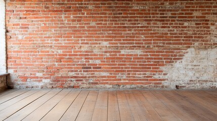 An industrial-style space featuring an exposed red brick wall with natural texture, aged patina, and wooden floorboards for a rustic feel