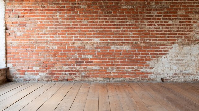 An industrial-style space featuring an exposed red brick wall with natural texture, aged patina, and wooden floorboards for a rustic feel