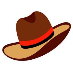 Brown Cowboy Hat with Red Band, Illustration of a brown cowboy hat featuring a wide brim and a red decorative band, ideal for Western-themed designs.