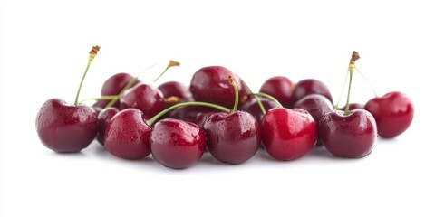 Fresh cherries, vibrant and tasty, are beautifully isolated against a clean white background, showcasing their appeal and deliciousness. These tasty cherries highlight their freshness and quality.