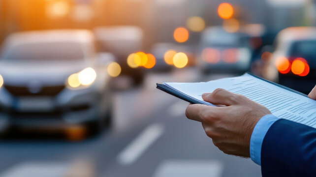 lawyer reviewing traffic law documents while cars pass by on busy street