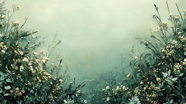 A whimsical border made of soft meadow plants and flowing grasses, arranged in an organic frame, muted greens with hints of pale flowers, central space left blank for text, artistic and dreamy,