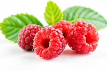 Fresh, vibrant red raspberries placed on a clean white background, highlighted with green leaves,...