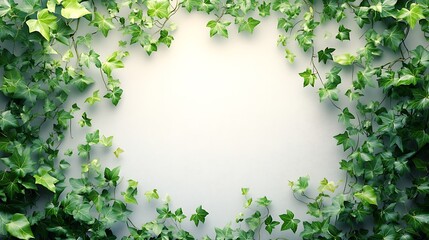 A whimsical frame of ivy vines, arranged in a soft, rounded shape, intricate leaf patterns and subtle gradients of green tones illuminated by natural light, blank central space for text,