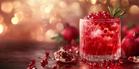 A lively red drink featuring pomegranate seeds, set against an exciting cocktail background. This is a high quality image showcasing the festive beverage.