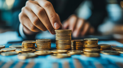 Building a Financial Empire: A close-up image of a hand carefully stacking golden coins, symbolizing growth, wealth, and financial prosperity. This image embodies ambition, dedication.