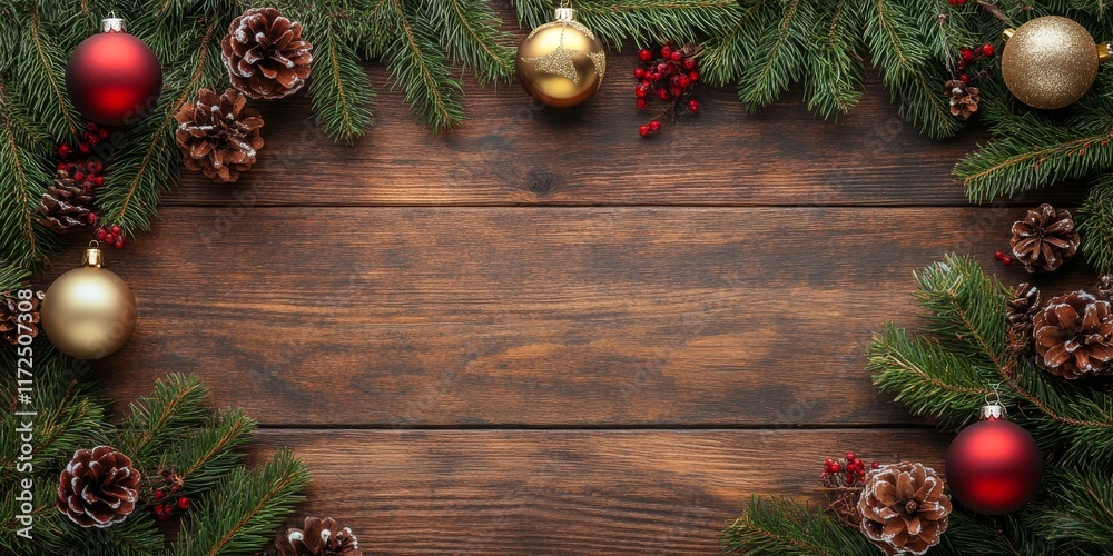Poster a wooden backdrop features a christmas frame adorned with fir branches and festive ornaments, presen