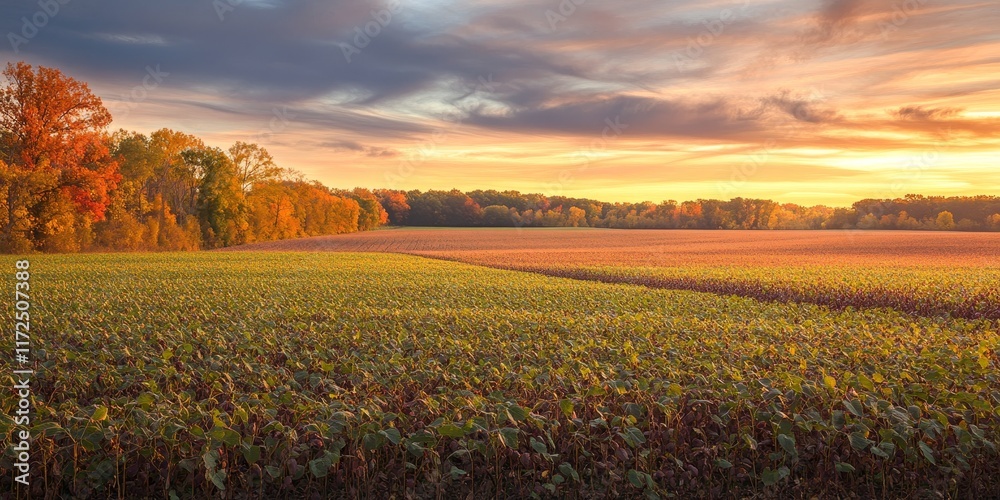 Poster vibrant soybean field showcasing the rich colors of fall, highlighting the beauty of the soybean fie