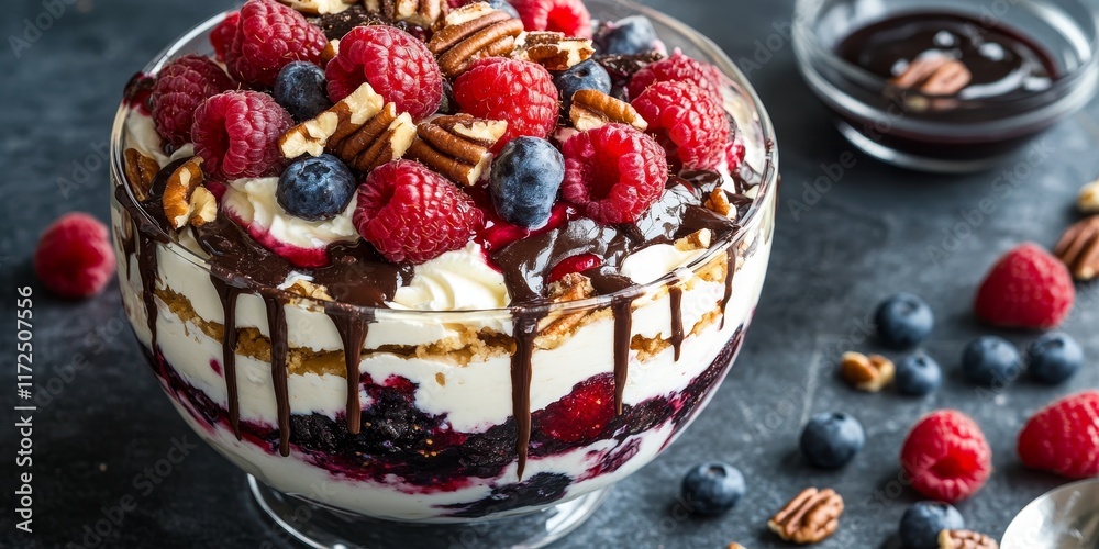 Aufkleber delicious fresh berry trifle featuring layers of raspberries and blueberries with creamy cheese and 