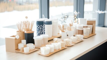 Aesthetic Arrangement of Decorative Home Goods Including Candles, Vases, and Natural Elements on a Modern Wooden Surface with Bright Natural Light