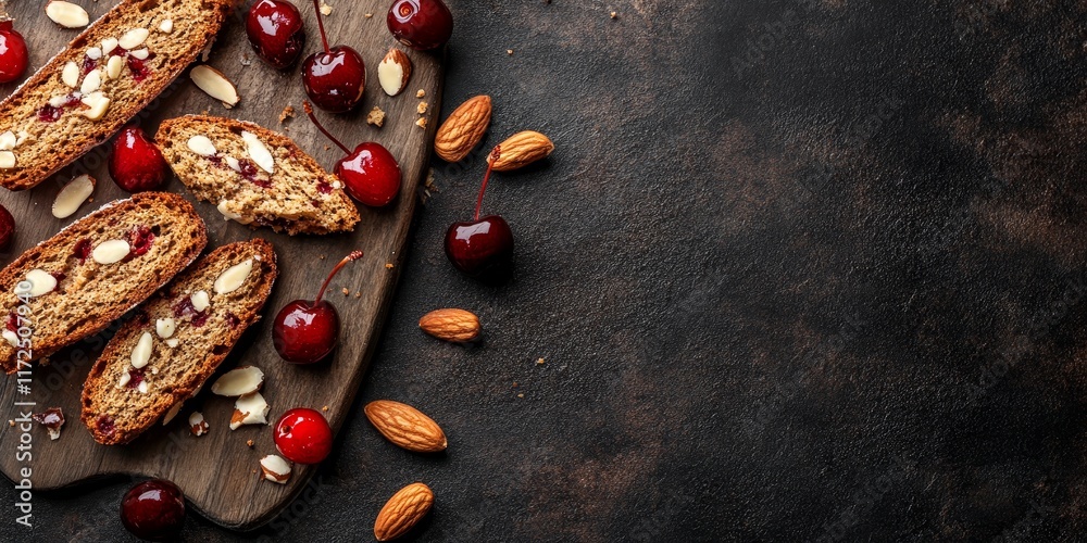 Poster biscotti consists of crunchy biscuits featuring glazed cherries and almonds, set against a dark back