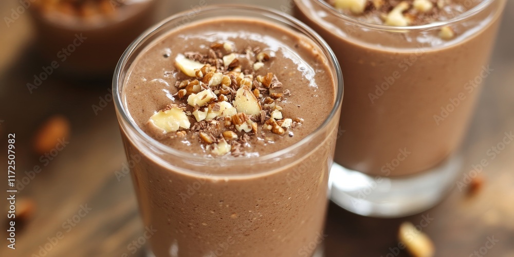 Poster delicious chocolate smoothie blended with ripe banana and crunchy nuts, creating a rich and creamy c