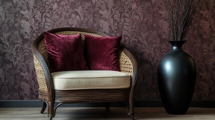 Rattan armchair, velvet pillows, dark room, vase, interior design