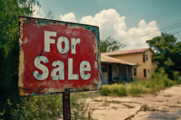 Obraz premium For sale sign in front of house with red brick exterior, white trim, and lush green lawn. Bright blue sky in background.