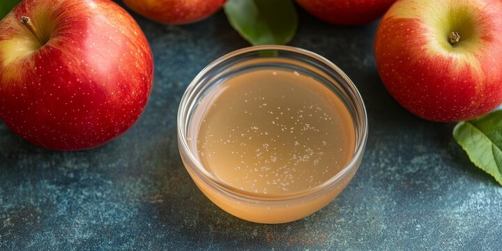 Raw apple cider vinegar with mother showcased in a small glass bowl alongside fresh red apples. This raw apple cider vinegar with mother highlights its natural qualities and vibrant color.