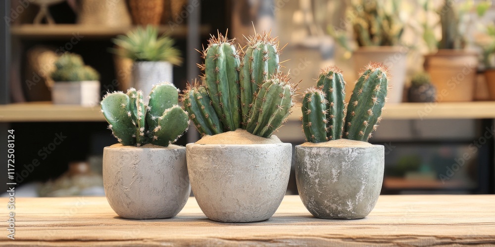 Poster Retro style cactus in a pot placed on a wooden table, showcasing the unique charm of the cactus in pot setup, perfect for adding a vintage touch to any space with a cactus in pot decor.