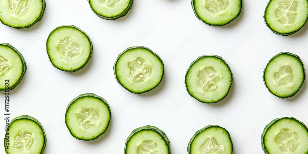 Poster Fresh cucumber and cucumber slices arranged beautifully on a white background, showcasing the vibrant color and texture of fresh cucumber in a visually appealing manner.