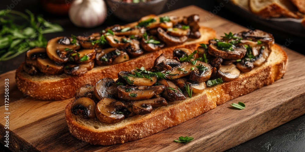 Poster Crispy fried baguette slices topped with savory mushrooms, aromatic garlic, and flavorful herbs create a delectable dish. Enjoy the delightful combination of fried baguette slices and rich toppings.