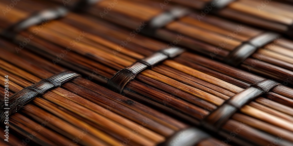 Aufkleber Close up of brown bamboo mats showcasing intricate wicker surface patterns, highlighting the unique textures and design of bamboo mats for decorative use and aesthetic appeal.