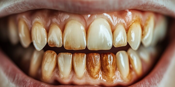 Patient exhibits dirty brown teeth prior to prophylactic treatment, highlighting the importance of oral care and dental hygiene for patients facing similar dental issues related to dirty brown teeth.