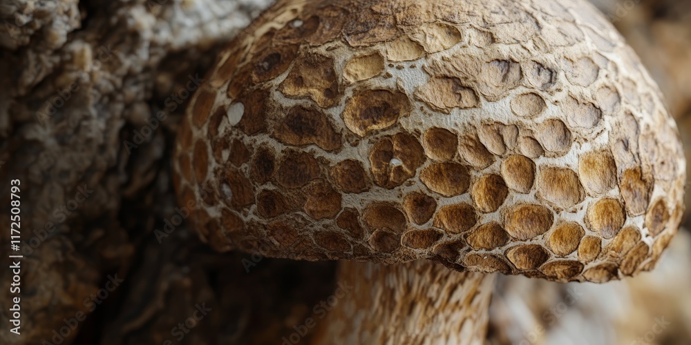 Poster Close up view of a Mushroom Boletus, showcasing the intricate details and textures that define this unique Mushroom Boletus species, highlighting its natural beauty and characteristics.