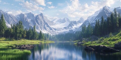 Fototapeta premium Serene lake nestled in the mountains offers breathtaking views, making it a perfect spot for relaxation and photography. Discover the tranquil beauty of this picturesque lake in the mountains.