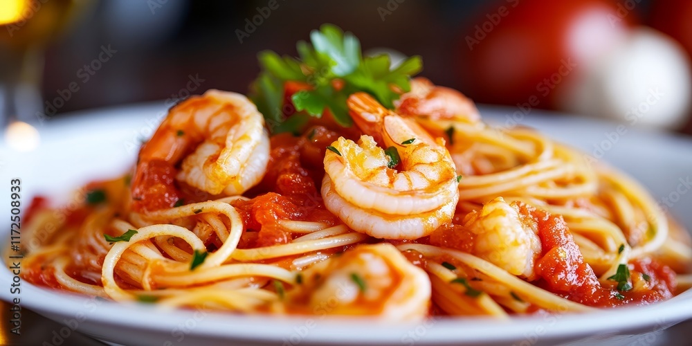 Aufkleber tasty pasta featuring shrimp complemented by a rich tomato sauce, creating a delightful and flavorfu