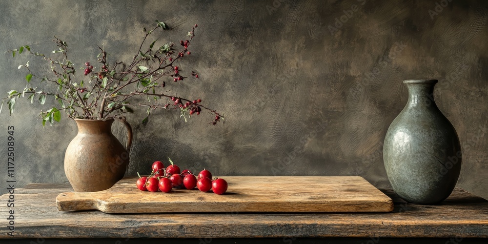 Poster still life composition featuring a kitchen table setting with a wooden board and a vase, creating a 