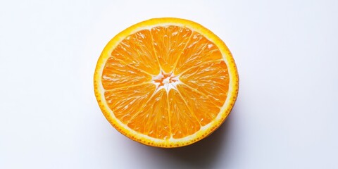 Fototapeta premium Half an orange displayed in isolation on a white background, showcasing the vibrant color and texture of the orange. This half orange provides a fresh and inviting visual element.
