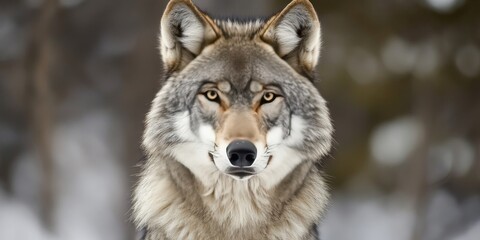 Obraz premium Head and shoulders portrait of a timber wolf, showcasing the striking features of the grey wolf. The shallow depth of field highlights the timber wolf s captivating gaze and fur details.
