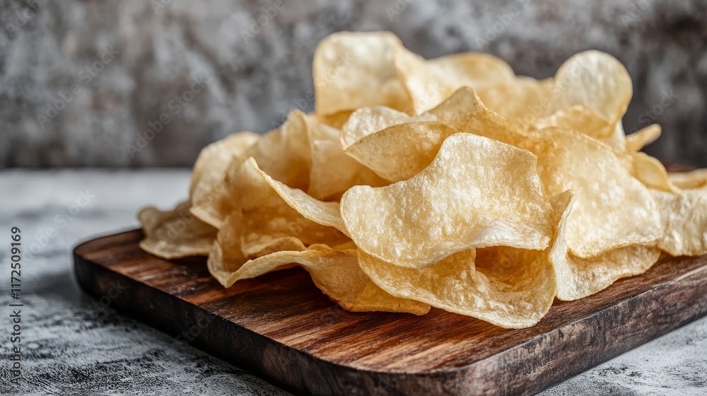 Poster Fried rice paper chips displayed on a wooden board create an enticing visual against a gray background. Enjoy the crispy texture of rice chips that add flavor to any dish.