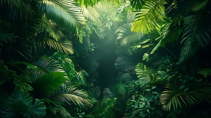 An exotic rainforest design with dense layers of leaves, sharp textures, and subtle lighting creating depth, the center blank for text, lush and detailed, hd quality. --ar 16:9