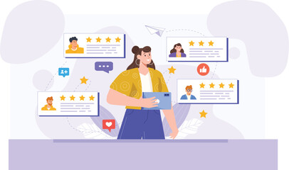 A flat vector illustration of a feedback and ratings system, featuring a digital interface with star ratings, comment sections, and user profile icons, all designed in a clean