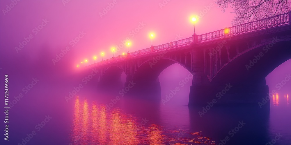 Fototapete a bridge adorned with yellow lights shrouded in thick fog, while the pink sky casts a soft reflectio