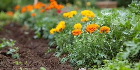 Marigold plants thrive alongside red beet and carrot plants, serving as companion plants. These marigolds effectively deter nematodes, protecting valuable root crops in the garden.