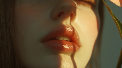 Close-up of woman's lips and nose, sunlit.