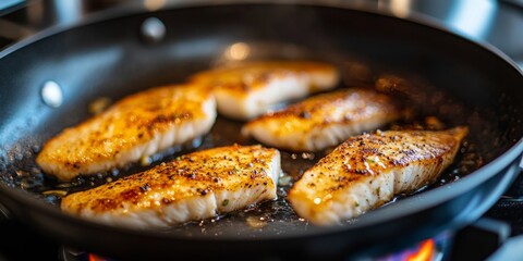 Fresh Solomon fish fillets are being pan fried on a gas stove, creating a delicious and flavorful dish. Enjoy the sizzling sound of fresh fillets of Solomon fish as they cook to perfection.
