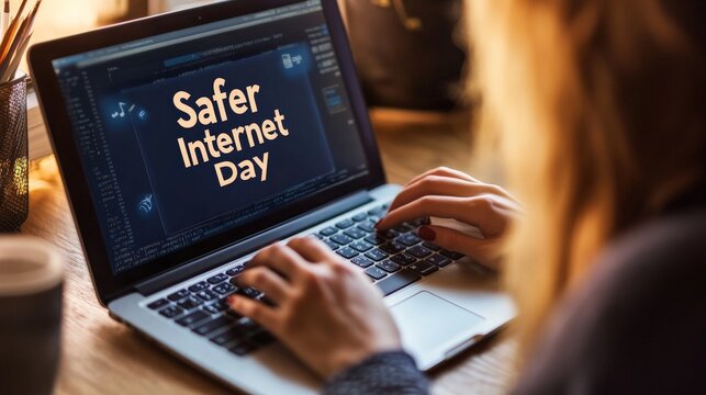 Female teen using laptop for safer internet day awareness