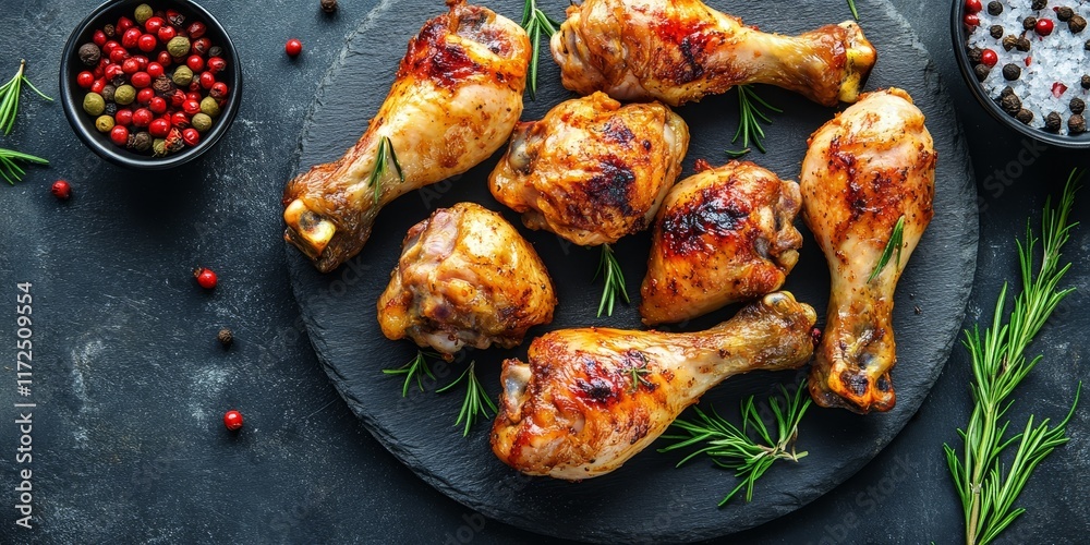 Poster top view of delicious chicken drumsticks, showcasing the appetizing texture and rich flavor of chick