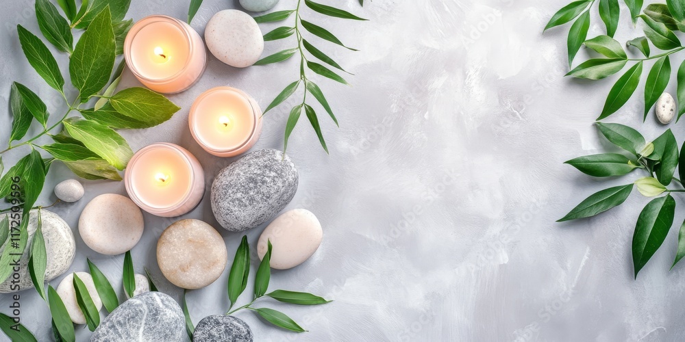 Poster spa arrangement featuring candles, stones, and green leaves displayed on a serene light background, 