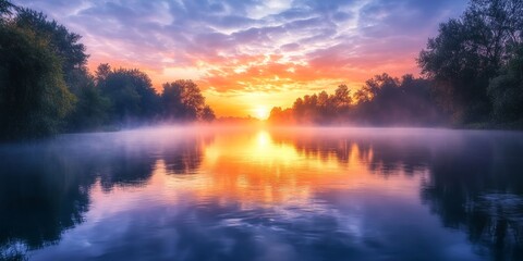 Fototapeta premium A serene photo capturing the beauty of sunrise on a river during morning time, showcasing the tranquil reflections and vibrant colors that characterize a peaceful sunrise on the river.
